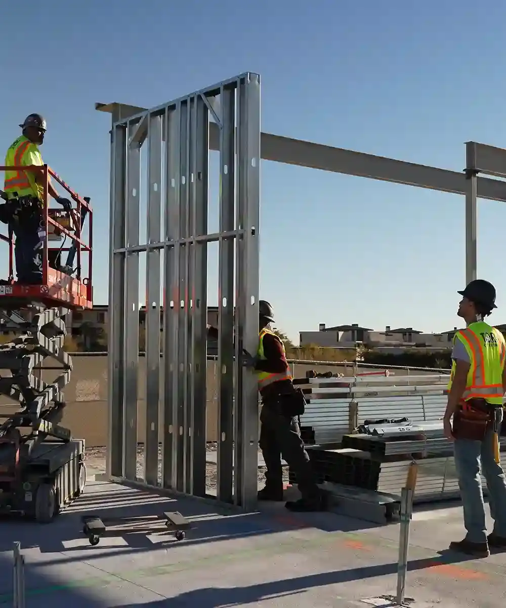Exterior cold-formed steel framing on a commercial building